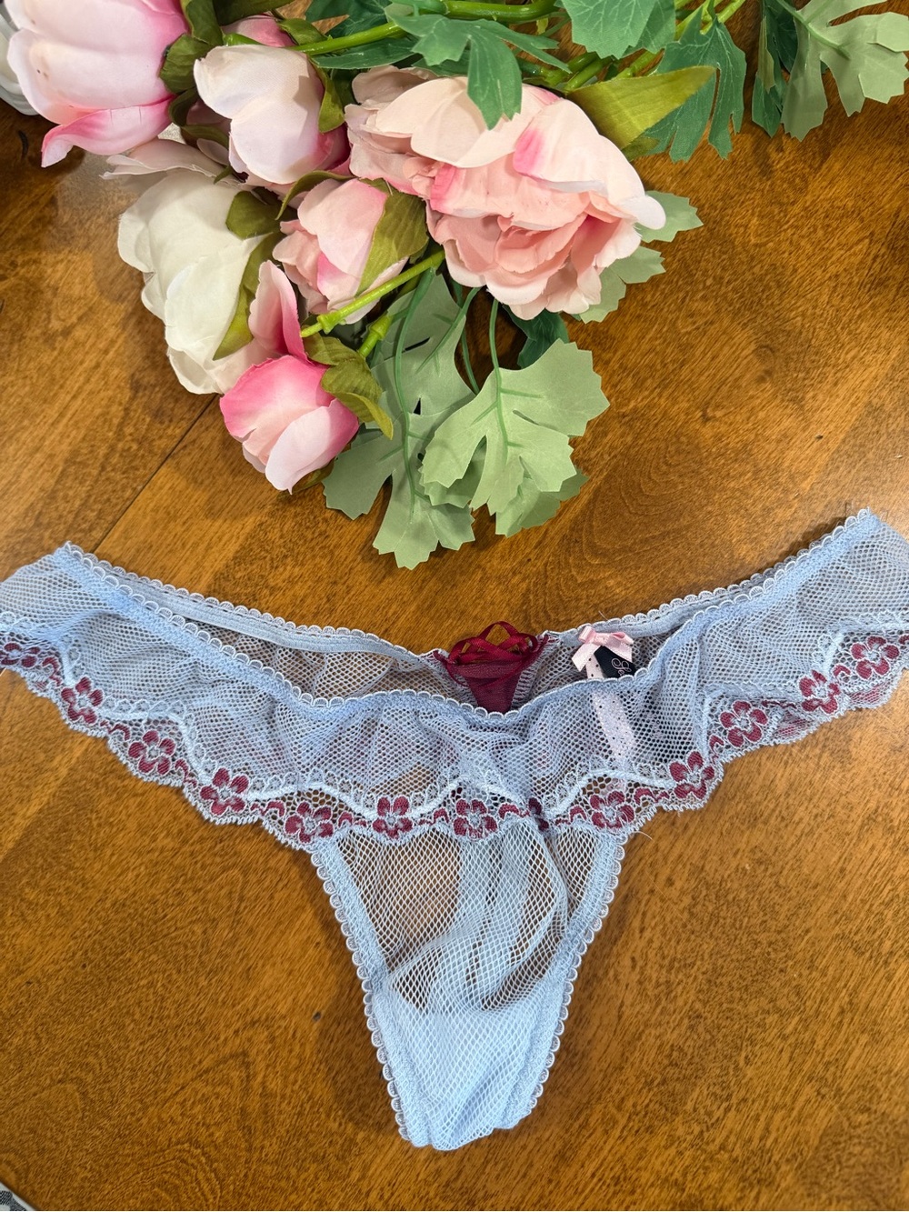Vintage Victoria's Secret Sexy Little Things Mesh Lace Thong Panty Sz M Blue